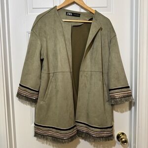 ZARA Olive Green Faux Suede Boho Embroidered/Fringe Trim Kimono Jacket Women's S